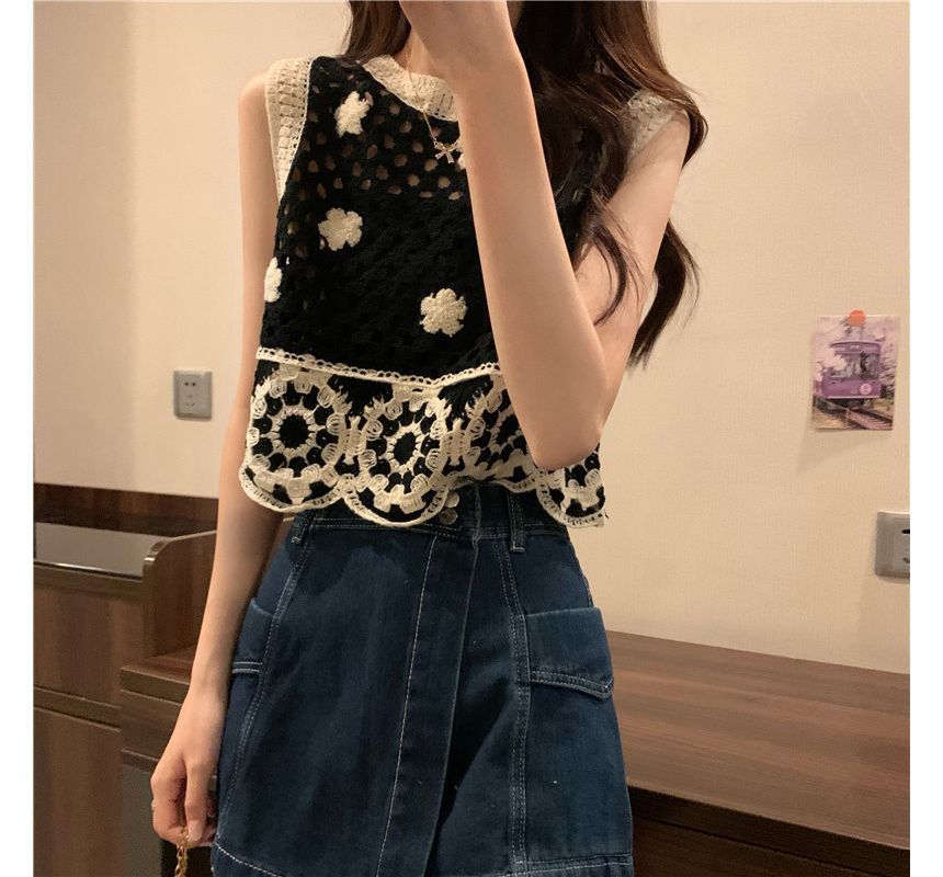 Allinya - Ronde hals, tweekleurig cropped gehaakt vest