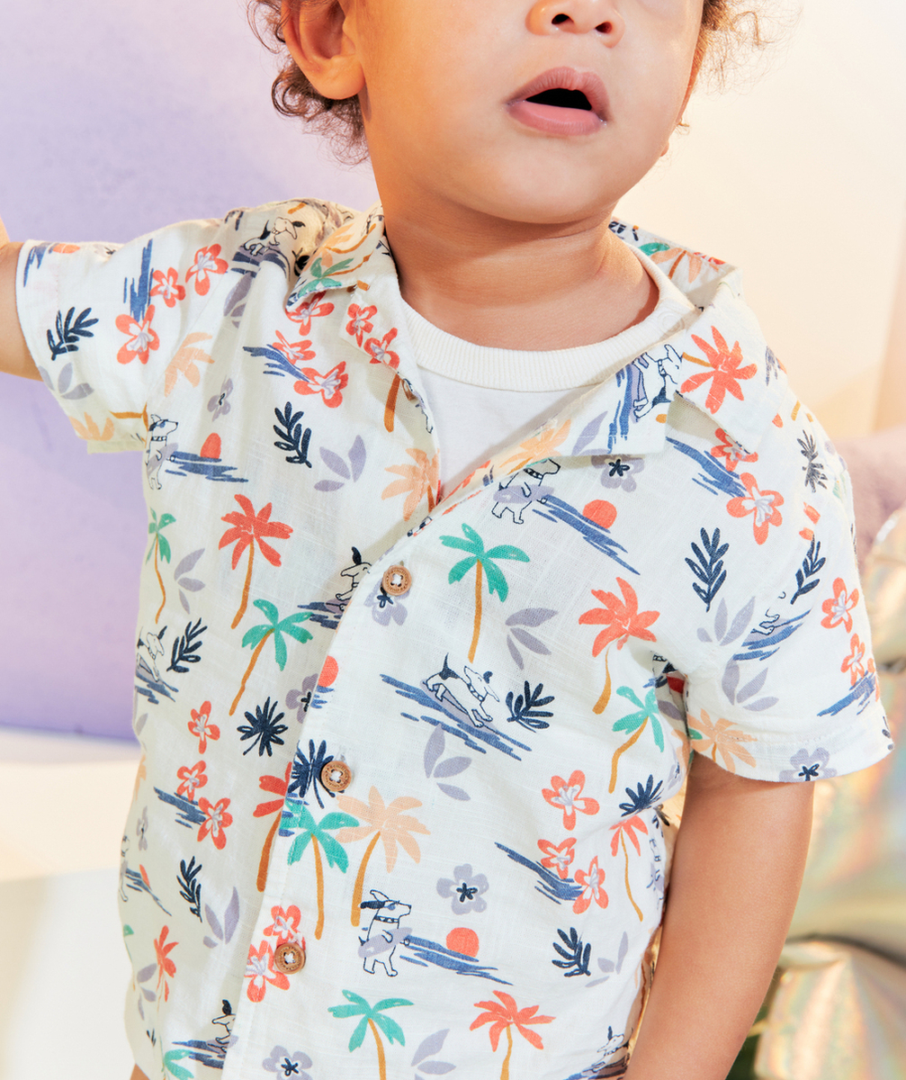 CHEMISE BÉBÉ GARÇON EN COTON BLANCHE IMPRIMÉE TROPICALE