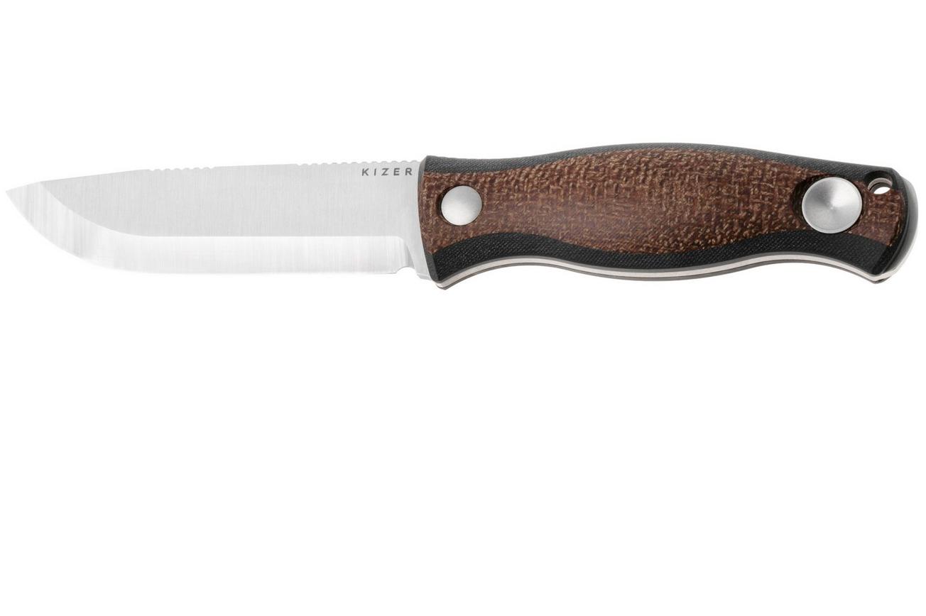 Kizer Polaris 1100A3, Satin AEB-L, Brown G10 / Burlap Micarta vaststaand mes, Azo design