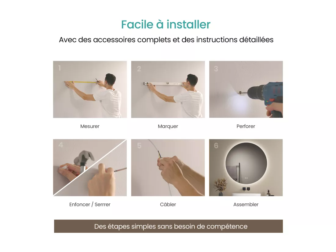 EMKE Miroir lumineux salle de bain rond diamètre 70cm, rétro-éclairage sans cadre, Interrupteur Tactile, Miroir avec éclairage Froide/Neutre/Chaude