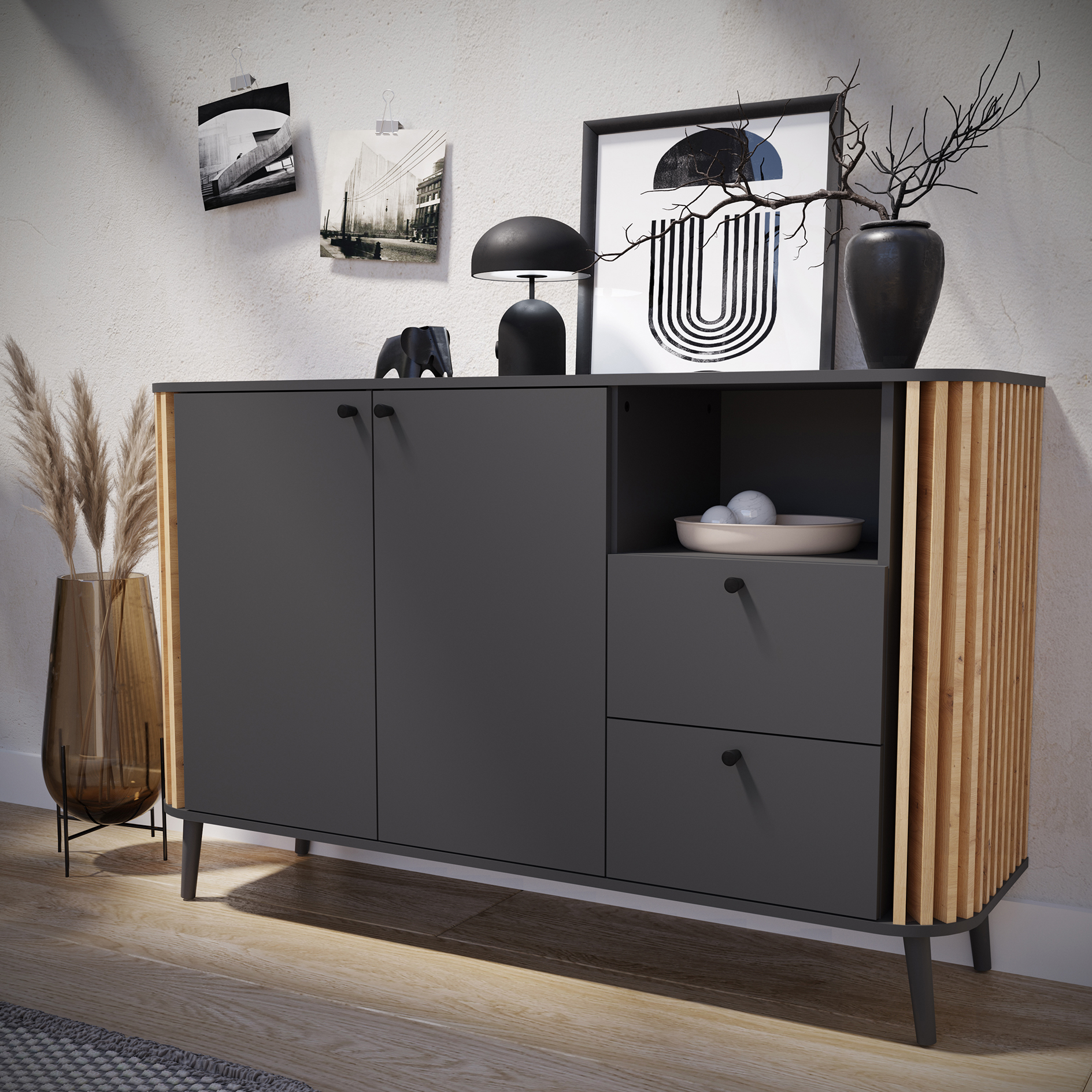 Sideboard PURE - grau - Artisan Eiche - 138 cm breit