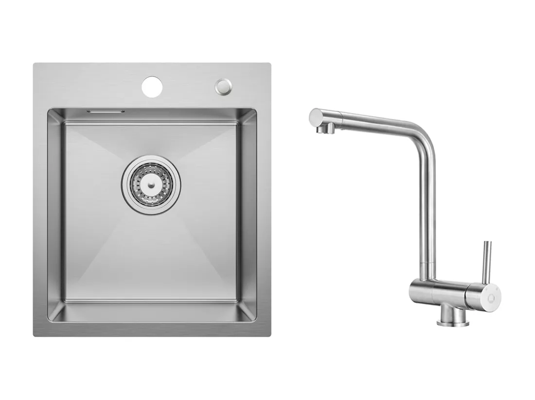 Cecipa MAX Évier Cuisine 1 Bac 40 × 45 cm Évier Inox Brossé + Mitigeur de Cuisine Rabattable Brossé