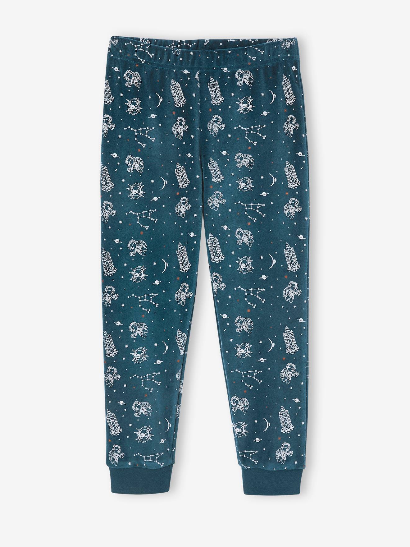 Pijama de veludo azul-petróleo com foguete que brilha no escuro para meninos