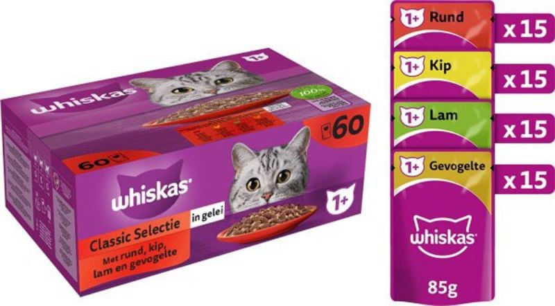 Whiskas Classic Meals in Gelei - Kattenvoer - 60x85 gram - 85 Gram - kip