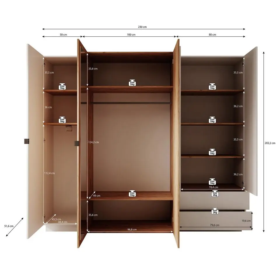 Meubella - Kledingkast Three - Wit - Eiken - 230 cm