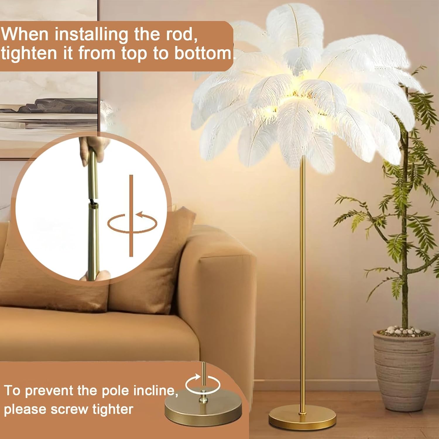 Federlampe Stehlampe, Moderne 160cm Große Straußenfeder-Stehlampe, Gold Stehleuchte mit Federn Lampenschirm, 3-farbig Dimmbar, mit Knopfschalter Dekorbeleuchtung (White)