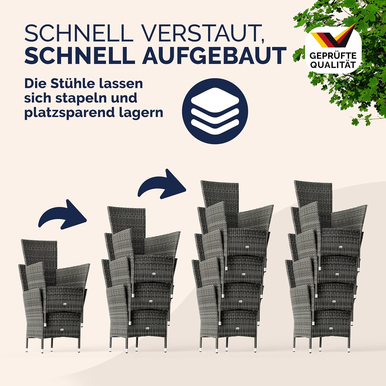 Casaria® Gartenmöbel Polyrattan 8 Stühle Stapelbar 190x90cm Gartentisch Glas Wetterfest Outdoor Modern Terrasse Sitzgruppe Essgruppe Garnitur Set Grau