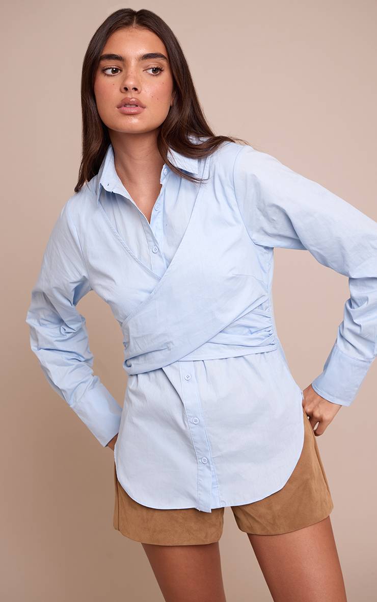 Bleu Clair Chemise Longue En Coton Avec Détail Cache-cœur