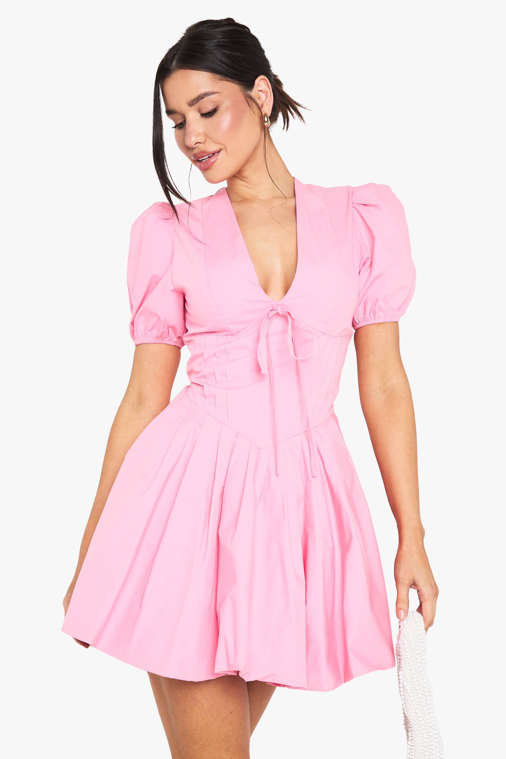 boohoo Robe skater longue avec détails de corset, manches bouffantes et style laitière