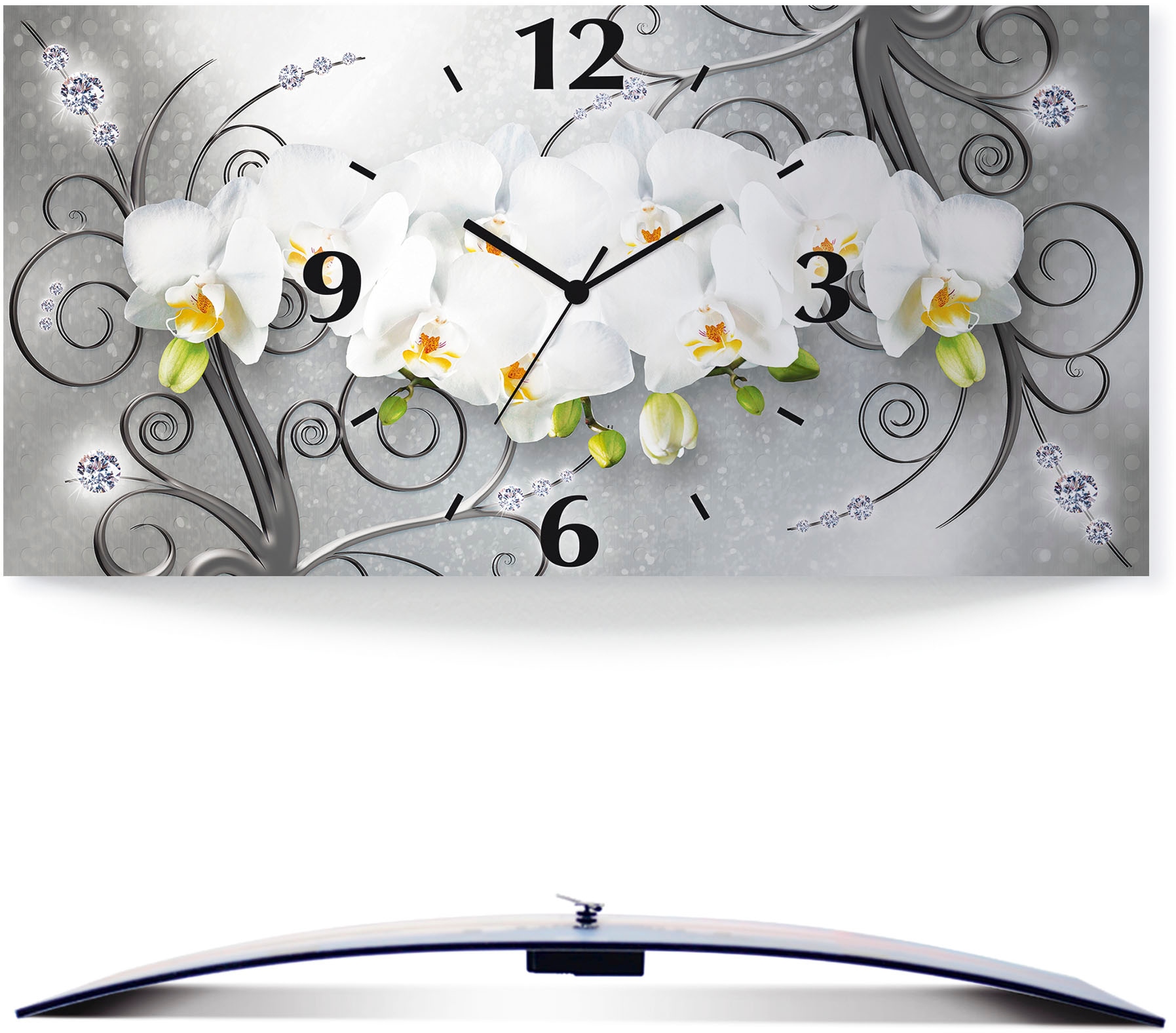 Artland Wanduhr »weisse Orchideen auf Ornamenten« 3D Optik gebogen, mit Quarz- oder Funkuhrwerk, versch. Grössen