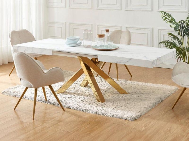 CATONAV - Eettafel - Wit Marmereffect - MDF en Metaal - Uitschuifbaar voor 6 tot 10 Plaatsen