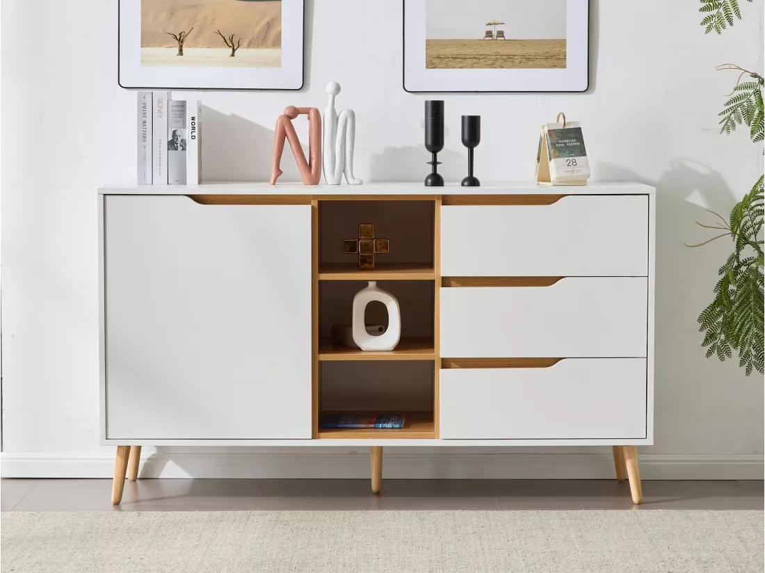 Buffet moderne avec étagères, 3 tiroirs et rangements ouverts - 140 x 40 x 80,5 cm - Blanc & Naturel