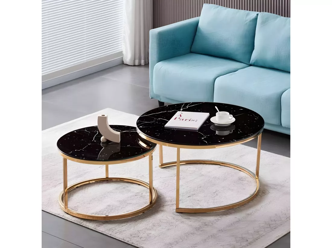 Lot de 2 tables basses gigogne arto gold plateau verre effet noir marbré