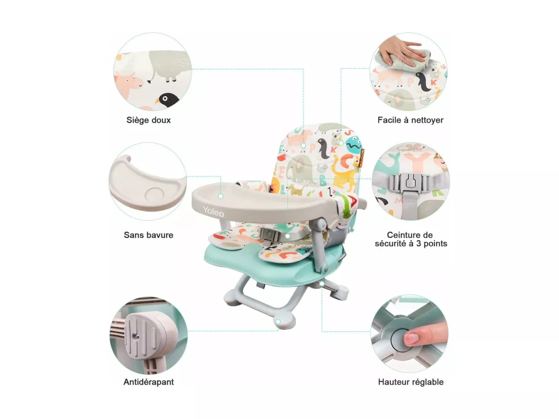 YOLEO Réhausseur Chaise Enfant Pliable,Chaise Haute Bébé Portable,Bébé Chaise repas en Hauteur Réglable,Plateau Amovible,6 mois à 3 ans,Vert avec Coussin