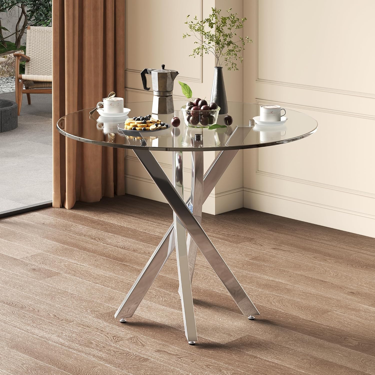 Merax runder Esstisch 80x80x75 cm, moderner Glastisch mit gehärteter Glasplatte, galvanisierte Metallbeine in Silber, Stabiler Küchentisch für 2–4 Personen, Kaffee und Freizeittisch, Silber