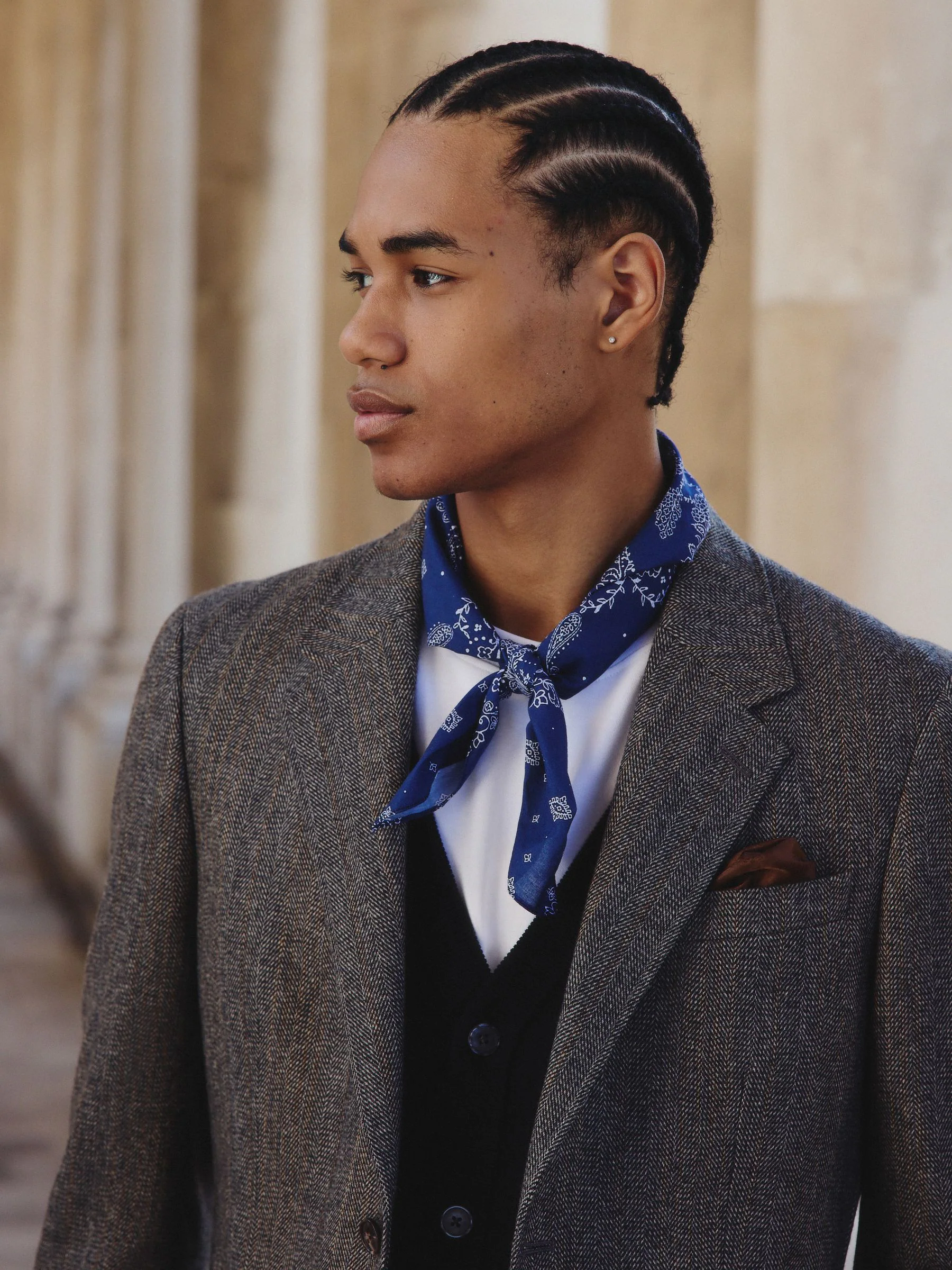 Grijs - Slim Fit Wool Blend Herringbone Stripe Suit Jacket