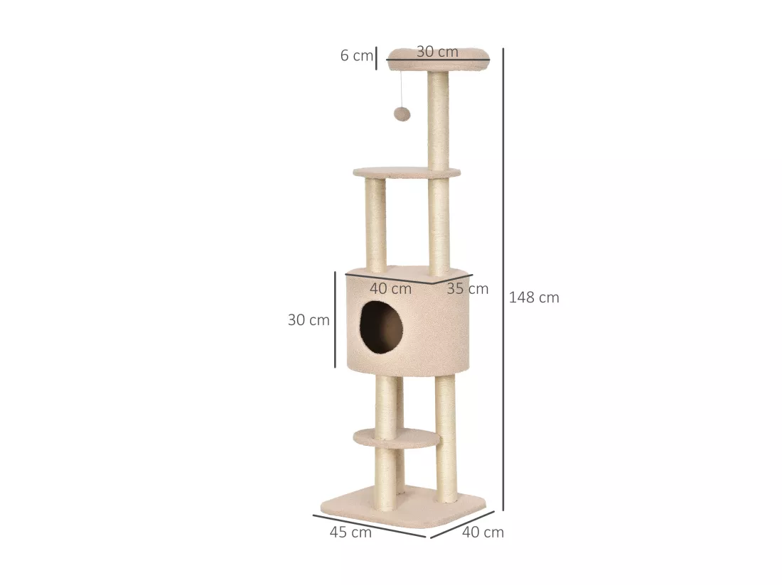 PawHut Arbre à Chats avec Griffoir Niche Poteaux Peluche Haute Densité 45L x 40L x 148H cm Beige