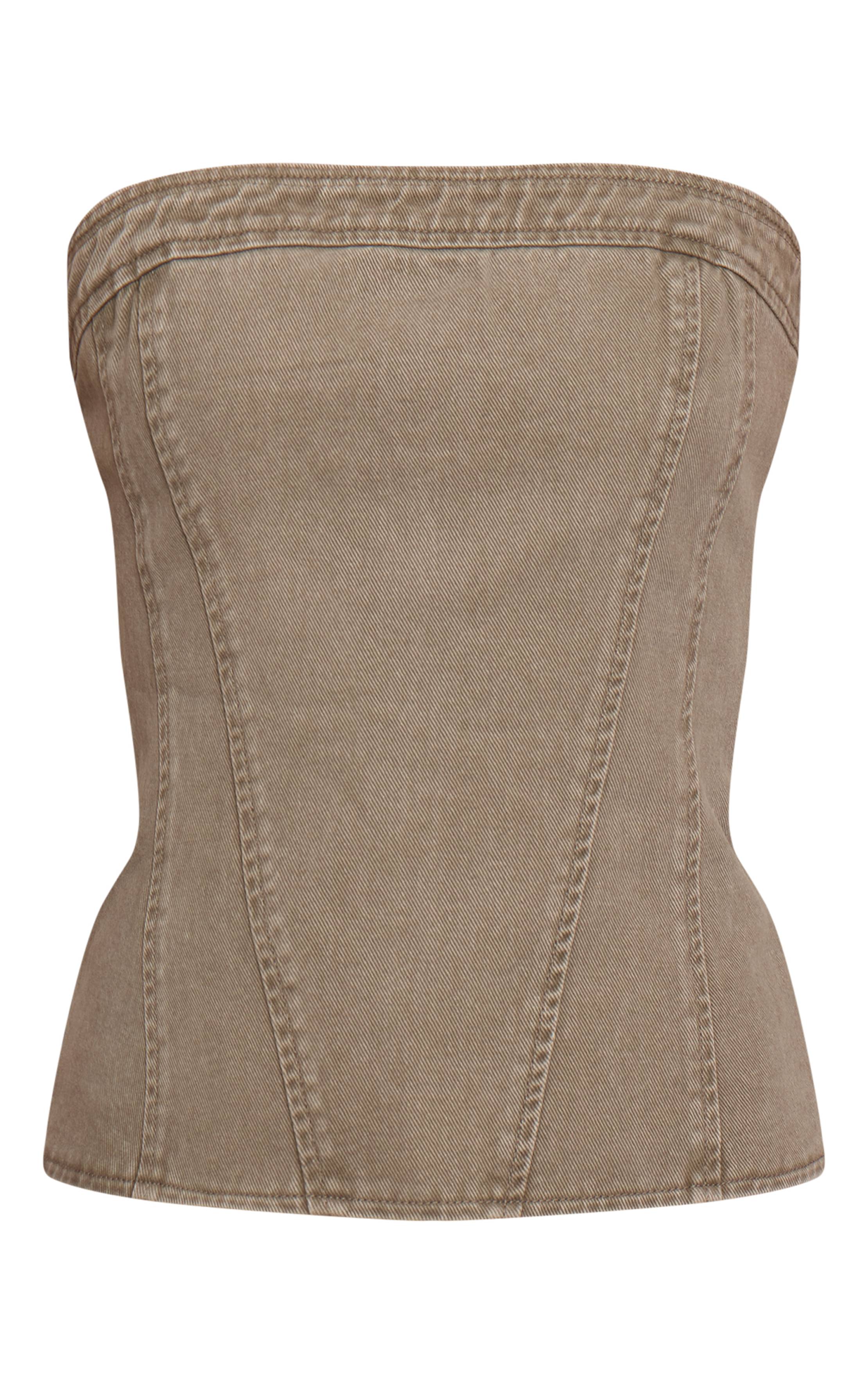 Kaki Délavé Top Corset Bustier En Denim Sans Bretelles Pour Grande Taille