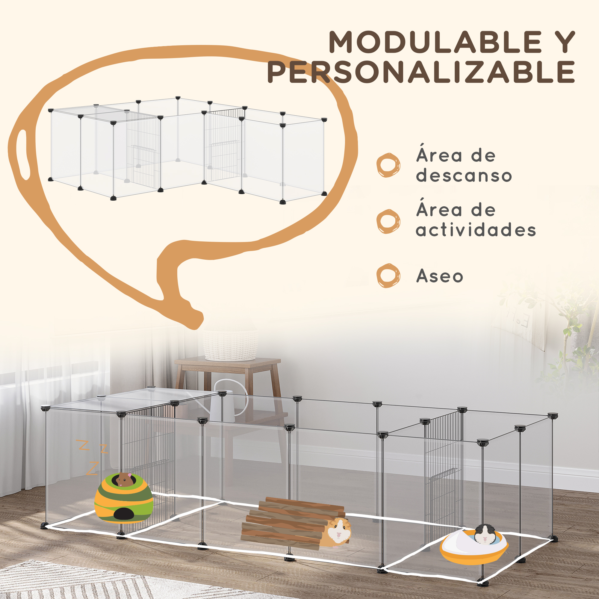 Cercado modular para animais de estimação Pawhut DIY com 20 painéis de resina, ideal para pequenos animais, como porquinhos-da-índia, coelhos e chinchilas, 175x70x45 cm, branco.