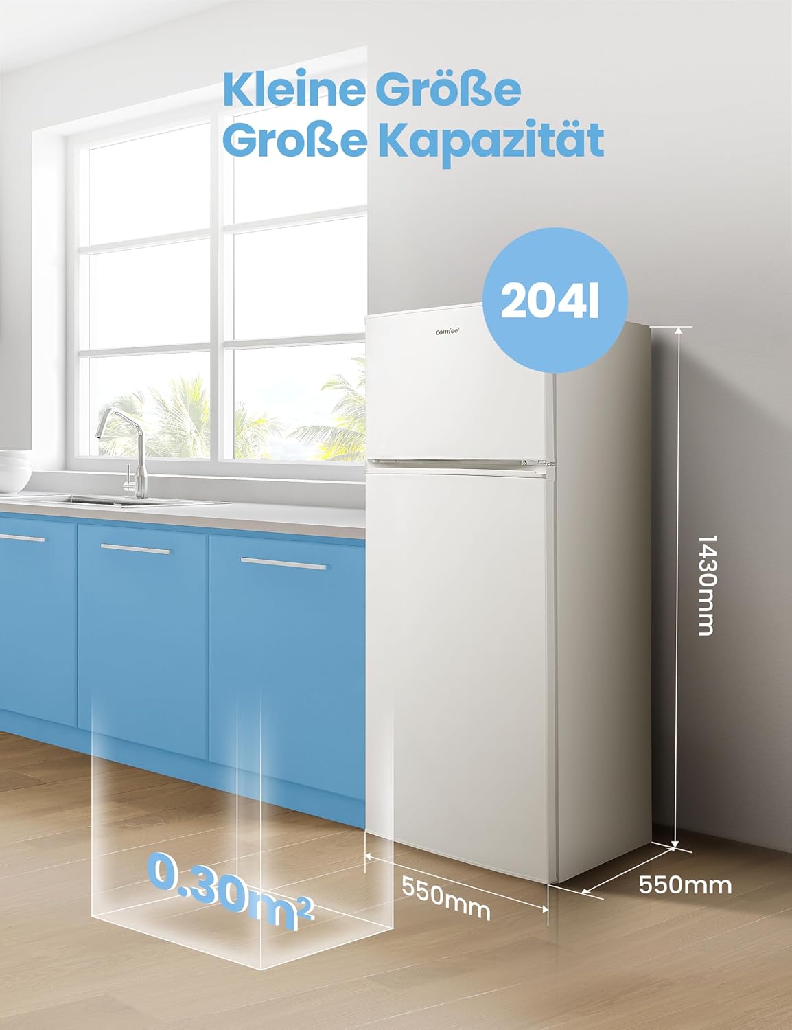 RCT284WH2A Kühl-/Gefrierkombination/Gefrierteil oben/176 kWh/Jahr/143cm Höhe/LED Licht/Reversibles Türscharnier/Weiß