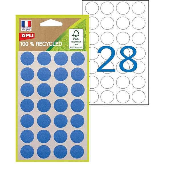 APLI Pastilles adhésives recyclées Ø 15 mm - 101783 - Pochette de 168 - Bleu