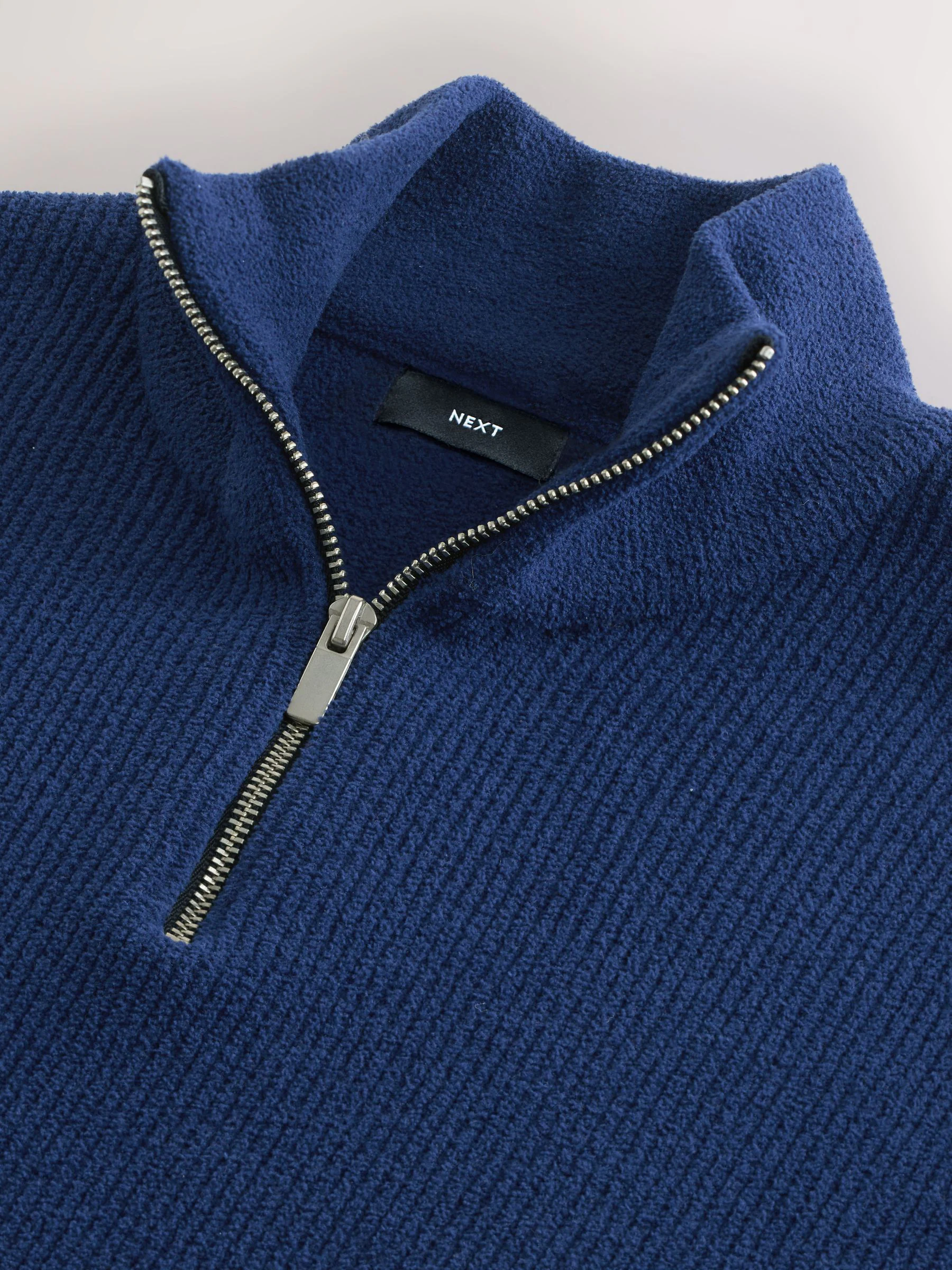 Donkerblauw - Regular fit geribde chenille trui met korte rits