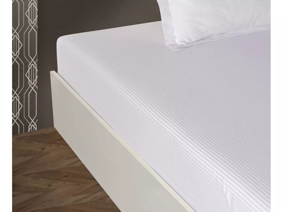 Drap plat satin de coton rayé blanc