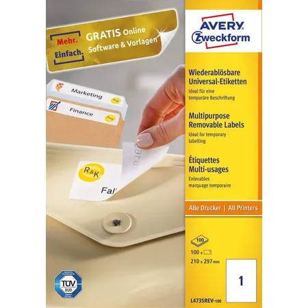 Avery Zweckform L4735REV-100 Universal-Etiketten,A4 210 x 297 mm, 100 Bogen/100 Etiketten, weiß