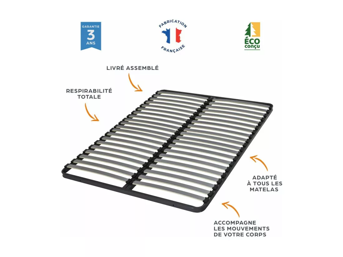 Sommier à lattes + pieds 120x190 Epsilon - 40 lattes bois - Fabrication française
