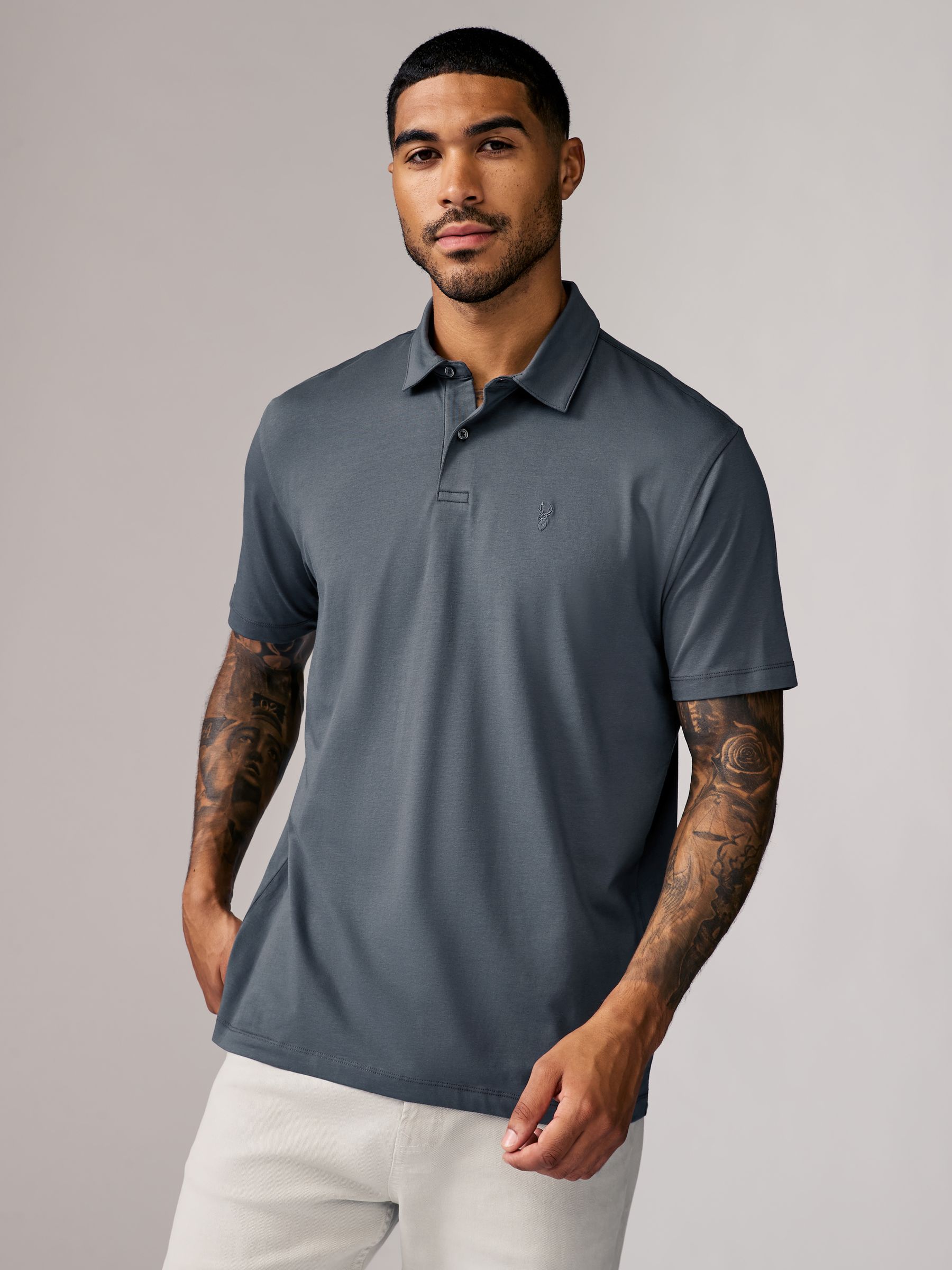 Marineblauw/bruin/grijs/wit/saliegroen - Normale Pasvorm - Set van 5 jersey poloshirts met korte mouwen