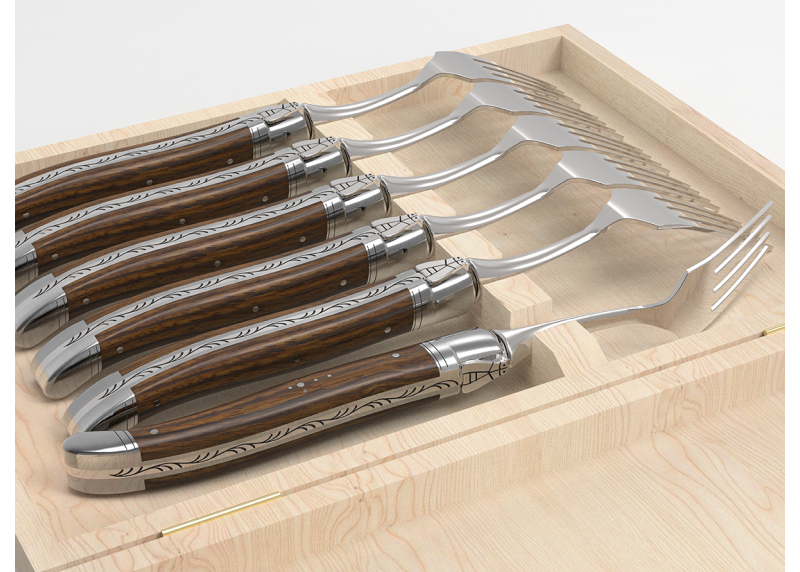 Service de 6 fourchettes Laguiole avec un manche en bois de noyer et mitres en acier inoxydable