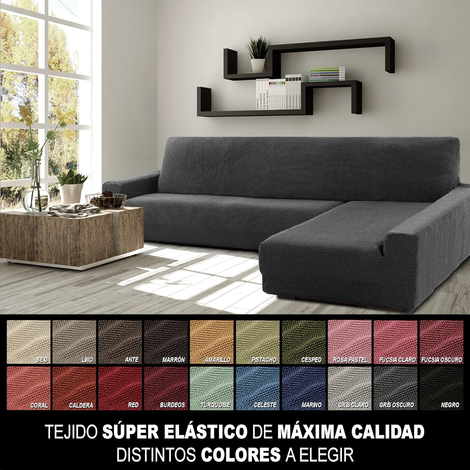 SOFASKINS® super elastischer Chaise Longue überzug, Sofabezug rechte Lange Armlehne, Sofa überzug atmungsaktiv, bequem und langlebig, Kompatible Abmessungen des Sofas (210-340 cm), Farbe dunkelgrau