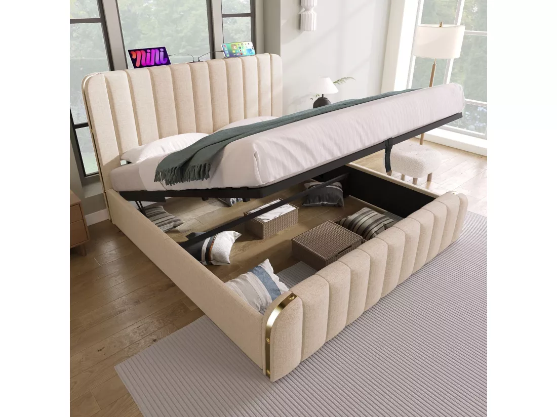 Lit adulte, double 160*200 cm, avec garniture dorée et unité de charge USB Type-C, tissu de lin beige, lit de rangement hydraulique.