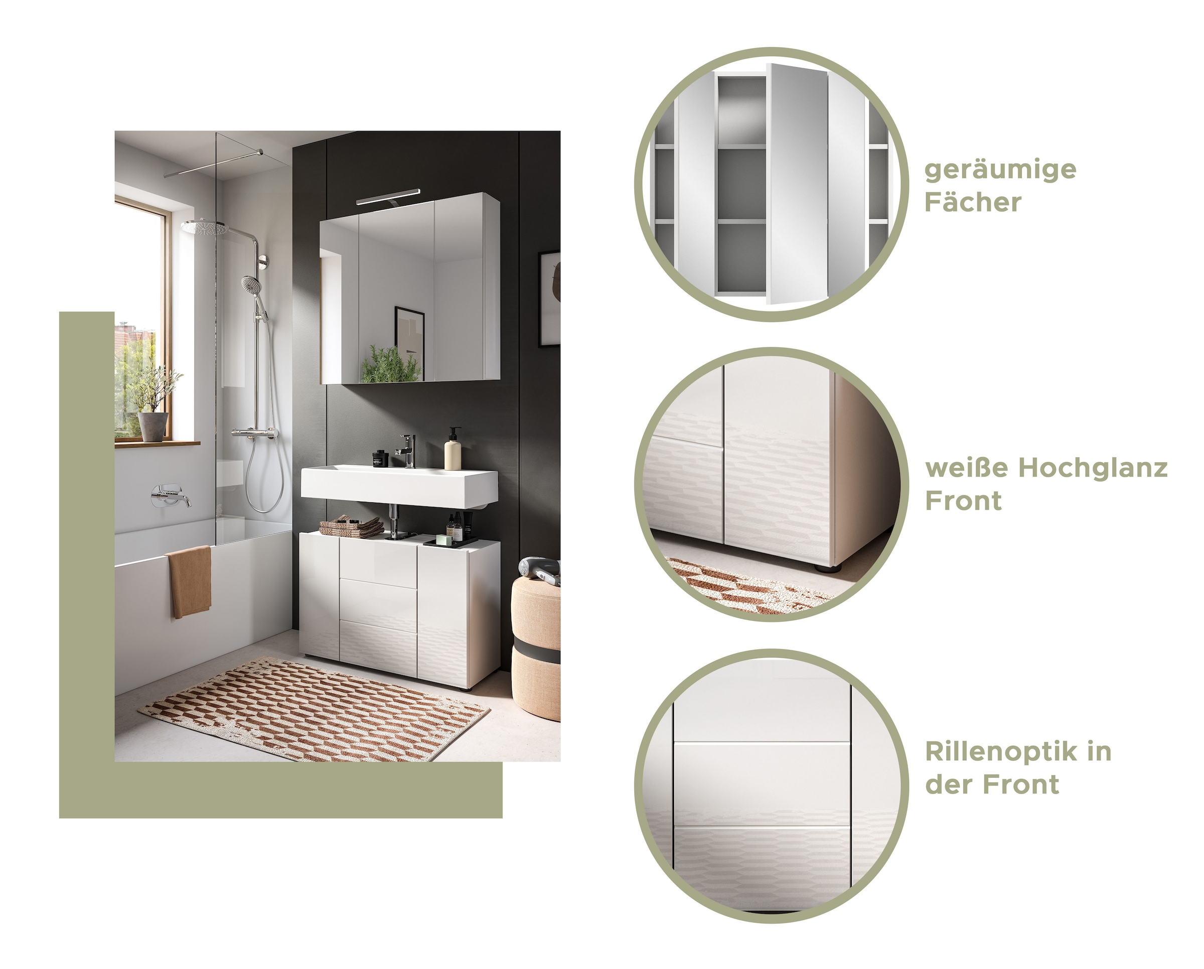 welltime Badmöbel-Set »BIEL, TOPSELLER!, 2 teilig, hochwertige MDF Front, Rillenoptik« 2 teiliges Set, bestehend aus: Waschbeckenunterschrank, Spiegelschrank, 2 Stk. tlg.