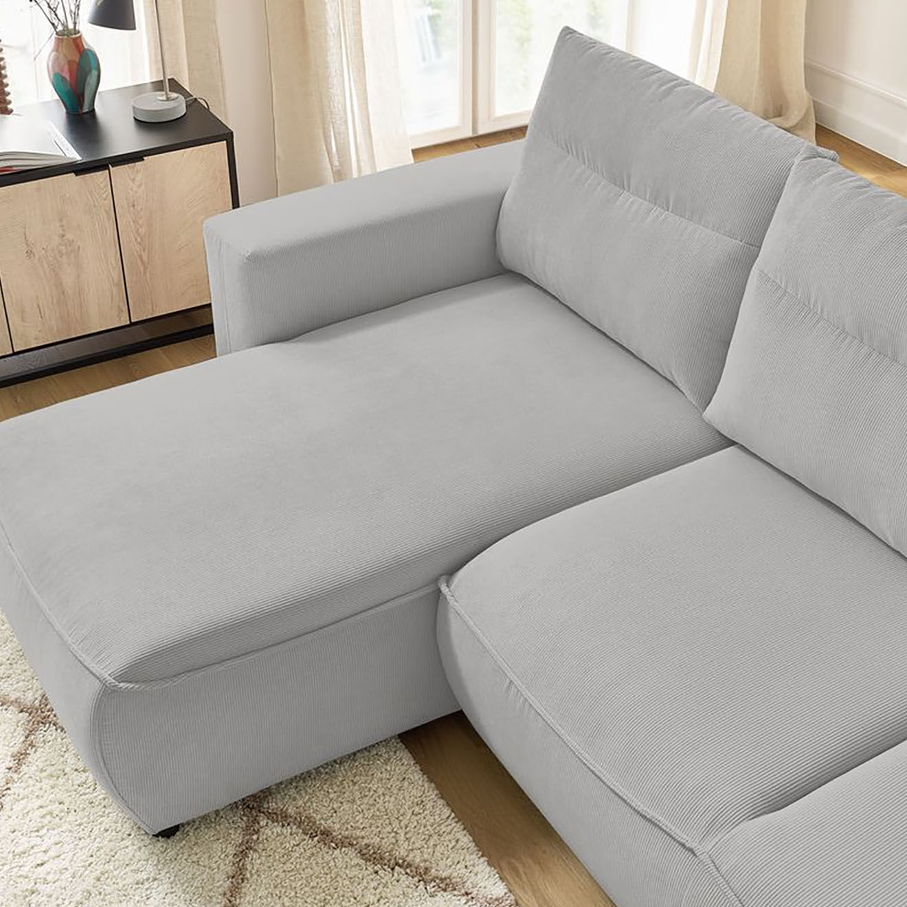 Bobochic Canapé d'angle gauche convertible coffre jasmin velours côtelé gris clair - 256x158x90 cm