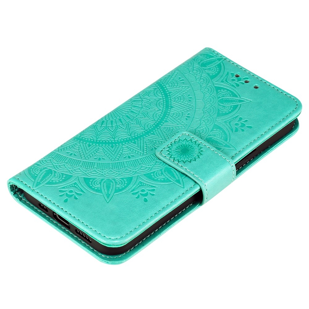 iPhone 12 / iPhone 12 Pro Leder Tasche Wallet - Mandala Flowers Imprint - Türkis