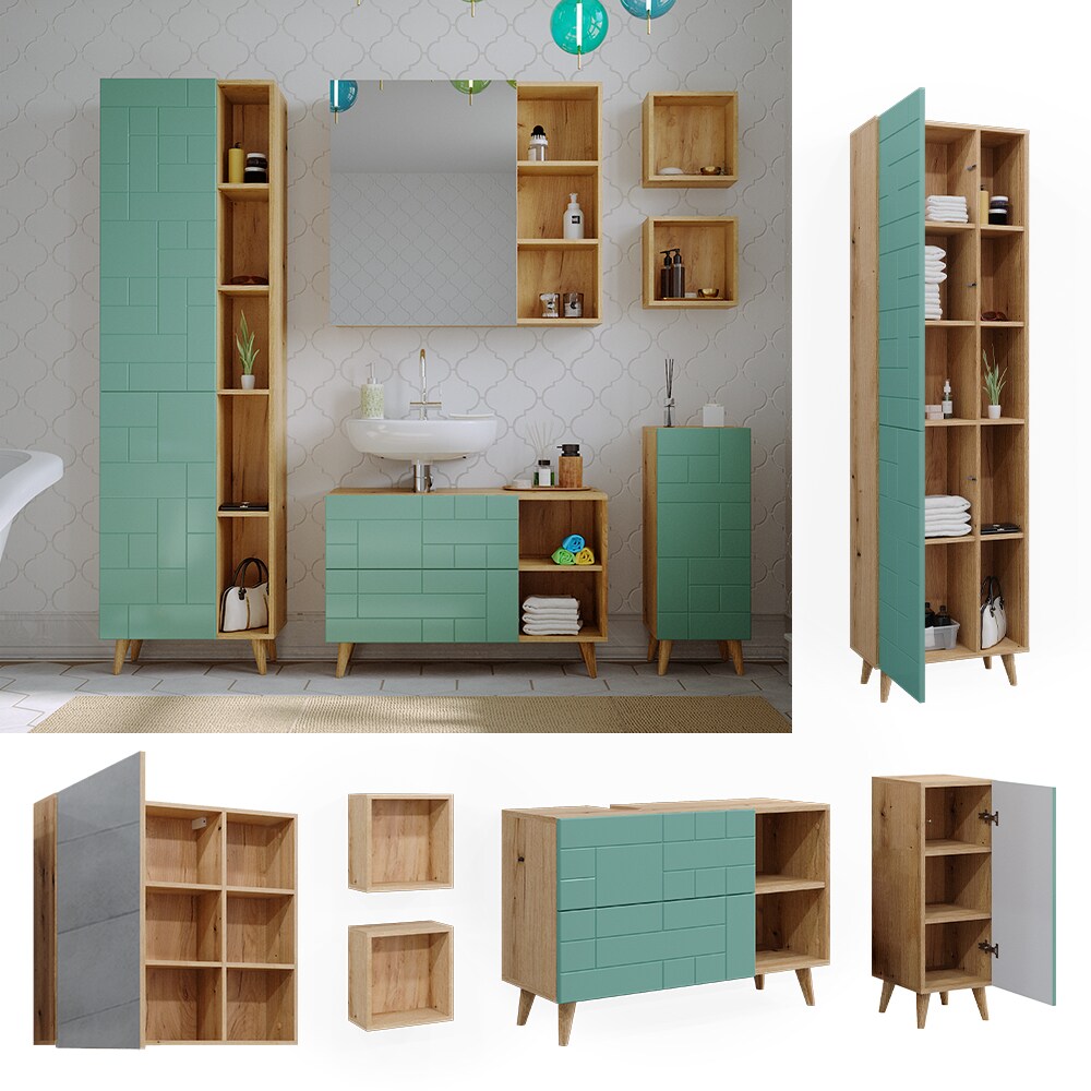 Vicco Badmöbel-Set Rudi in Eiche Evoke Mintgrün, Badezimmer, moderne Badserie Waschbeckenunterschrank Spiegelschrank Midischrank Hochschrank Wandregal