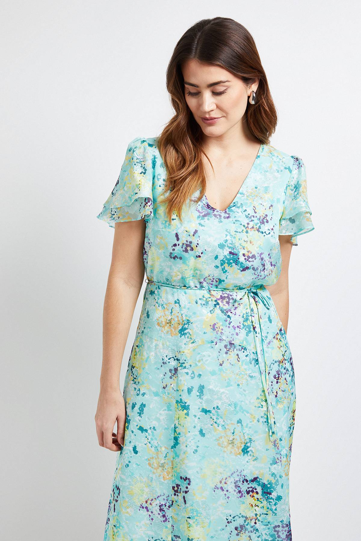 Wallis Robe Midi À Fleurs Dévorées Avec Manches À Volants