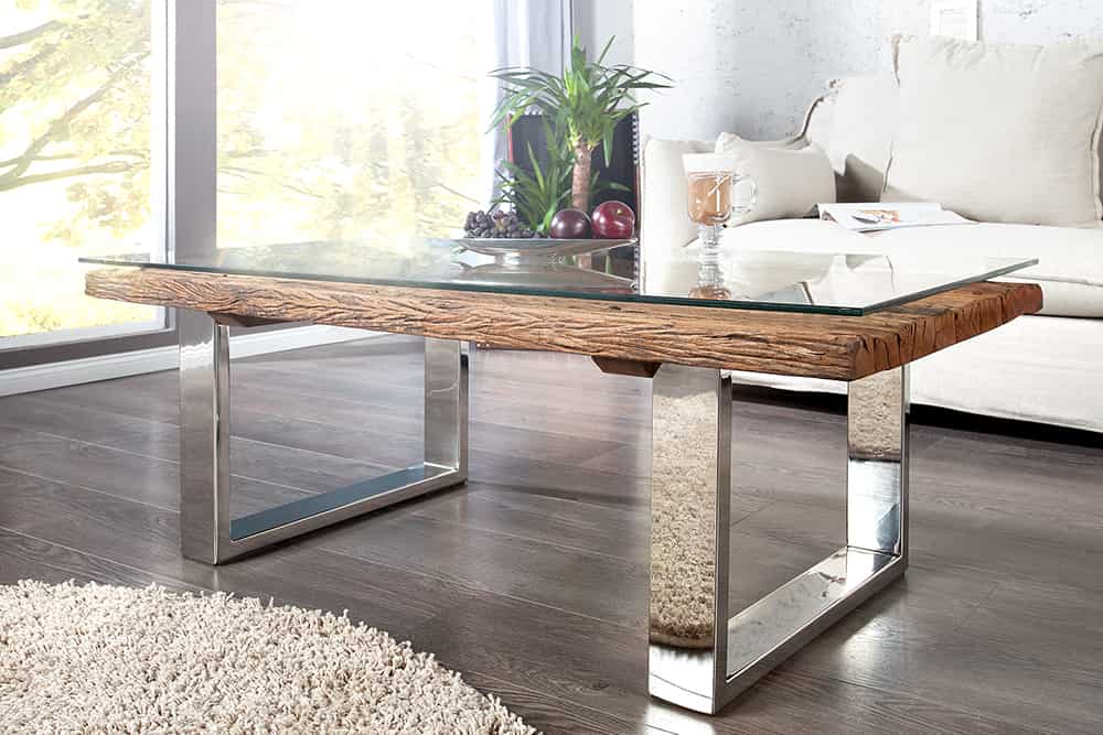 Eindrucksvoller Couchtisch BARRACUDA 110cm antik Teakholz mit Kufengestell und Glas