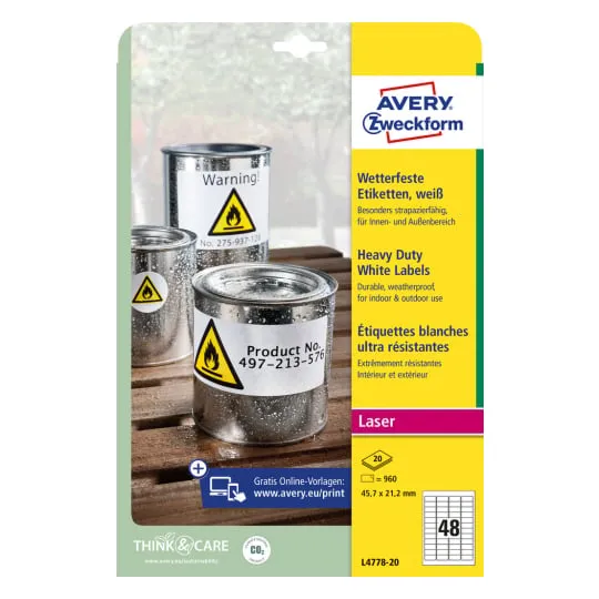 Etiketter Avery 45,7x21,2 mm hvid, holdbare, vandfaste - (20 ark x 48 stk.)