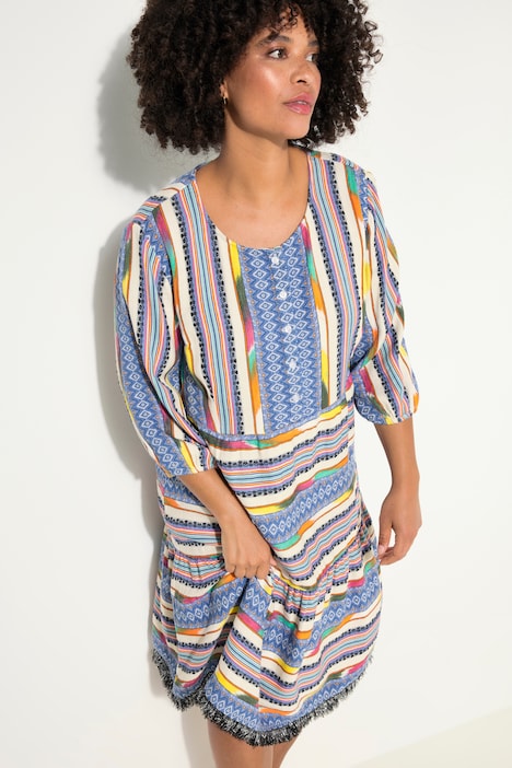 Kleid, A-Line, Musterstreifen, Knopfleiste, 3/4-Ärmel