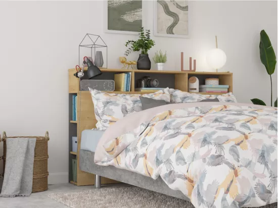Tête de lit avec rangements NASTIA - 160 cm - Chêne et anthracite