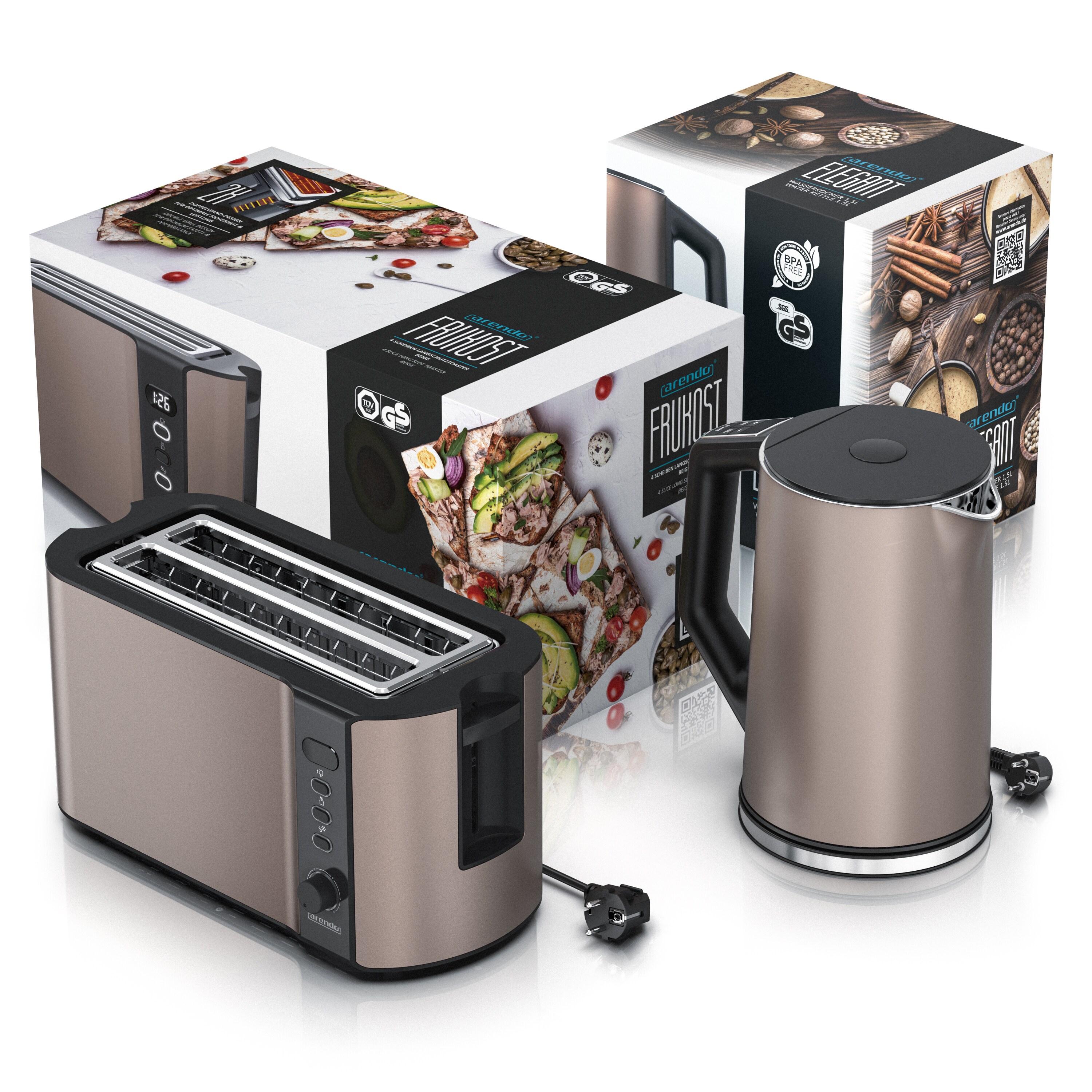 Arendo Frühstücks-Set, Wasserkocher 1,5l, Langschlitz Toaster für 4 Scheiben, Beige