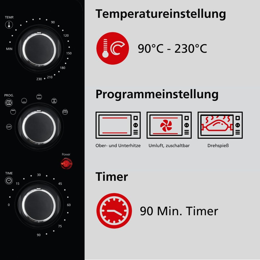 Steba Grillbackofen mit PFAS-freiem Innenraum, ca. 24 Liter, 3 Einschubebenen, emailliertes Backblech, Grillrost, Drehspieß, Doppel-Glastür, KB 224