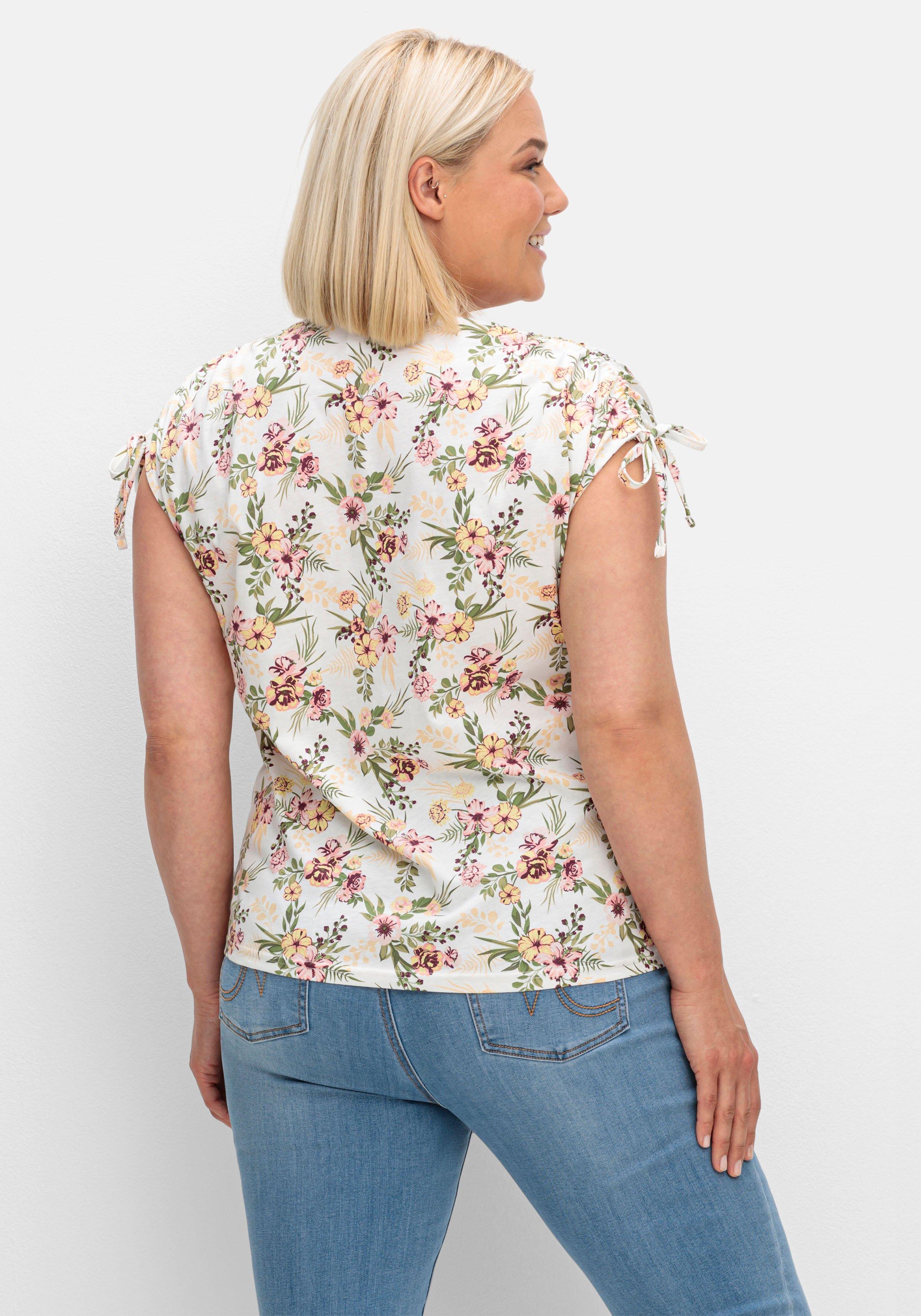 Shirt mit Blumen-Alloverprint und gerafften Schultern