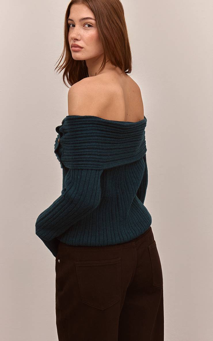 Vert Turquoise Synthétiquell Bardot En Maille Côtelée Avec Détail De Boutons