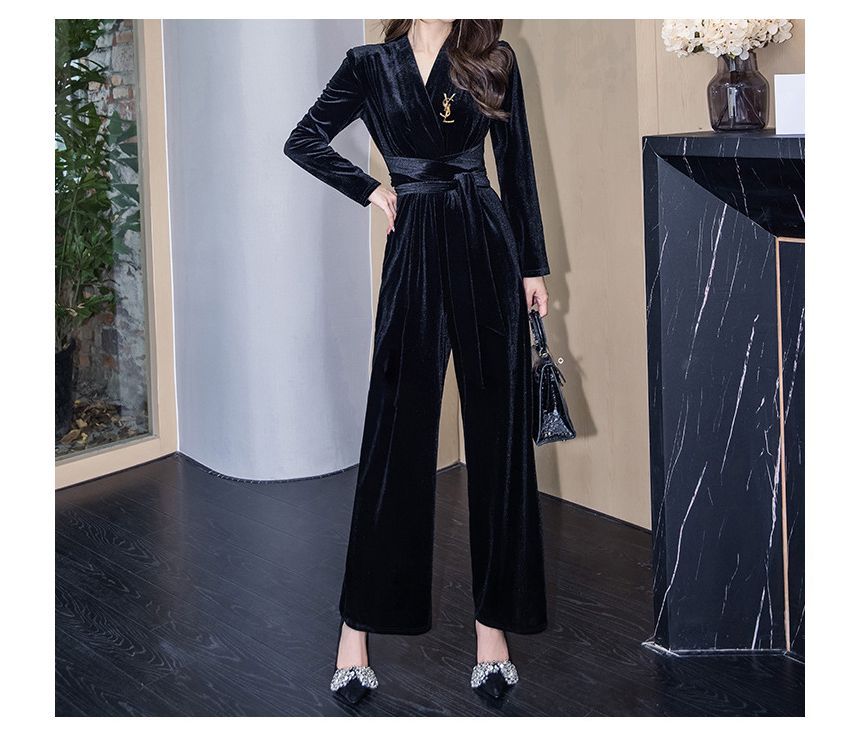 Bornite - Set: Lange mouwen V-hals effen fluwelen jumpsuit + broche