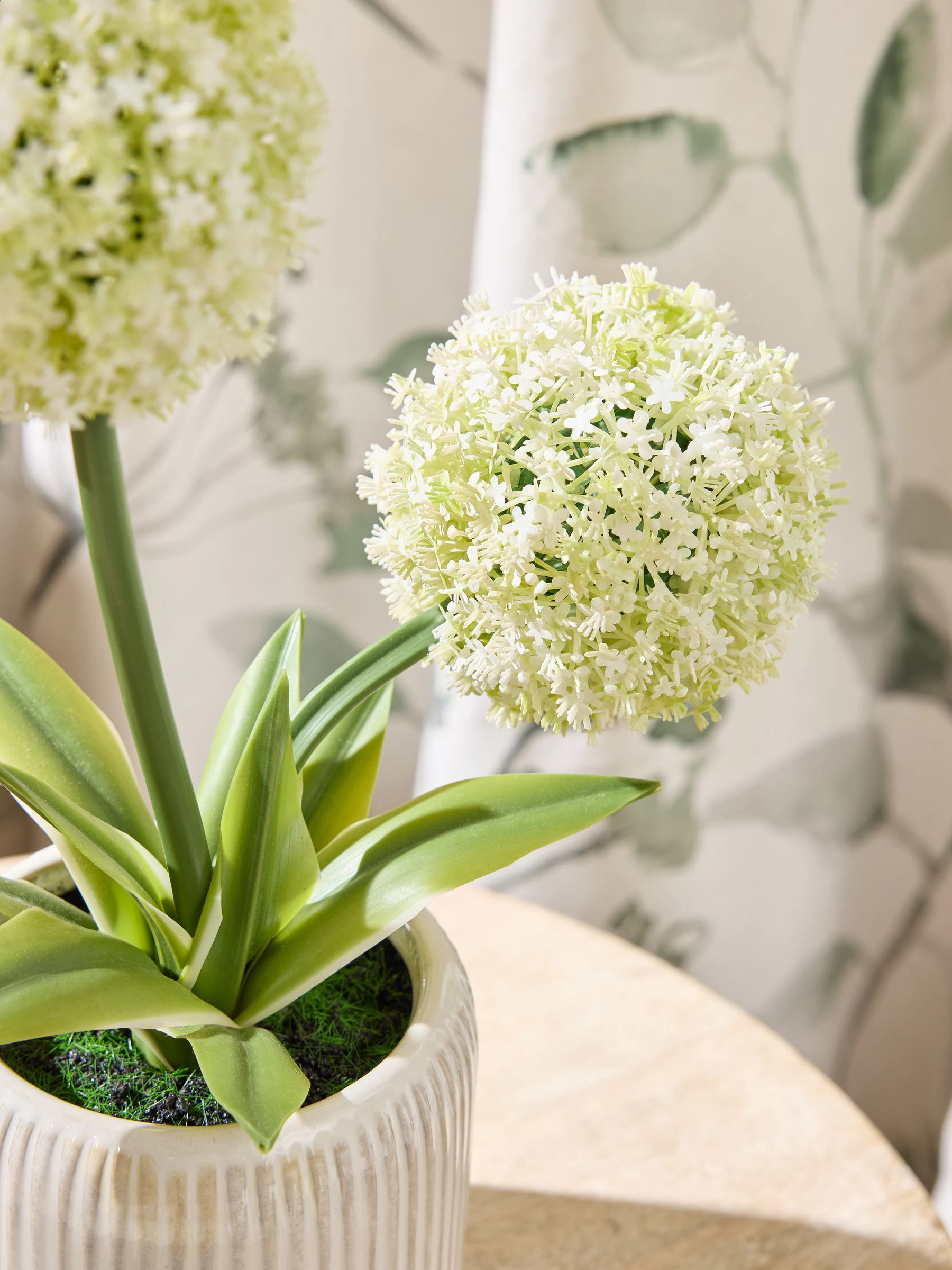 Artificial Allium Plant In Ribbed Ceramic Pot
