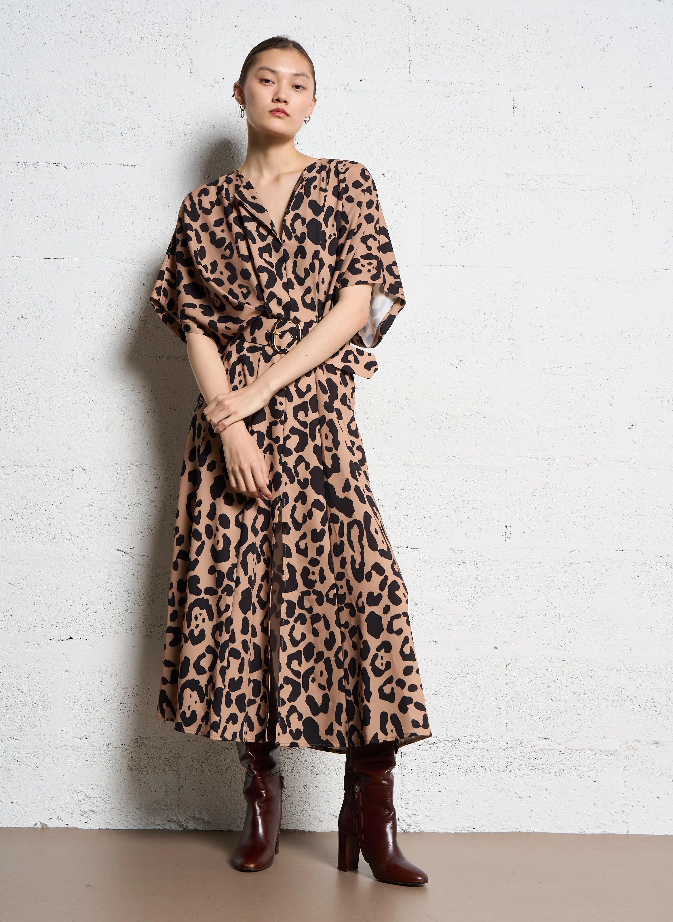 Robe midi col rond imprimé | Multicolore