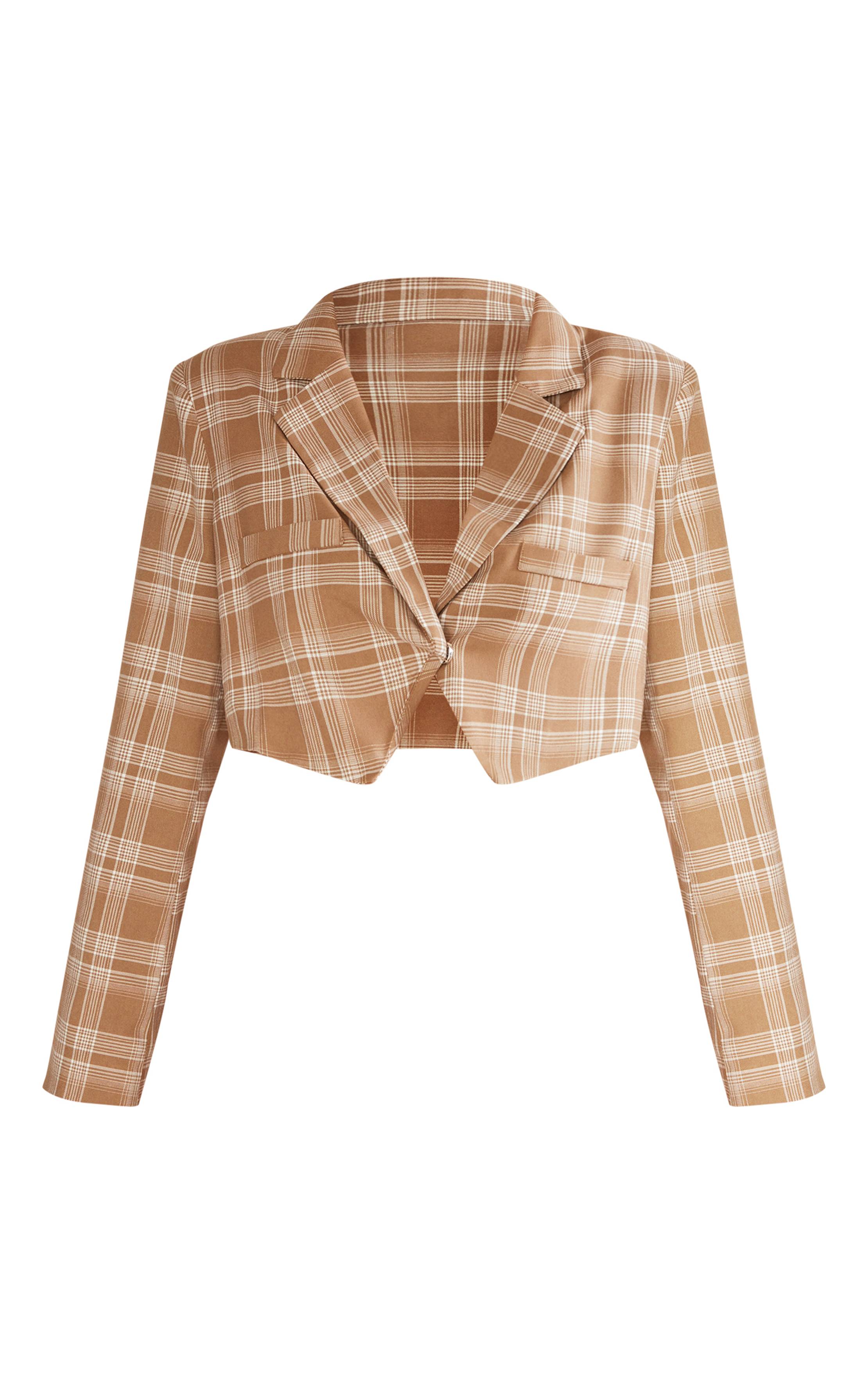 Sable Blazer Court Boxy À Carreaux Avec Ourlet Asymétrique